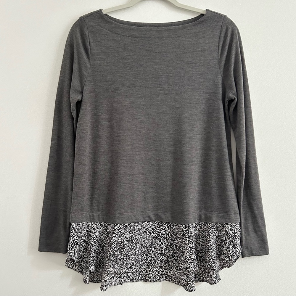 4/$25 Loft Boatneck Faux Layer Leopard Print Long Sleeve Knit Top - Grey Small P